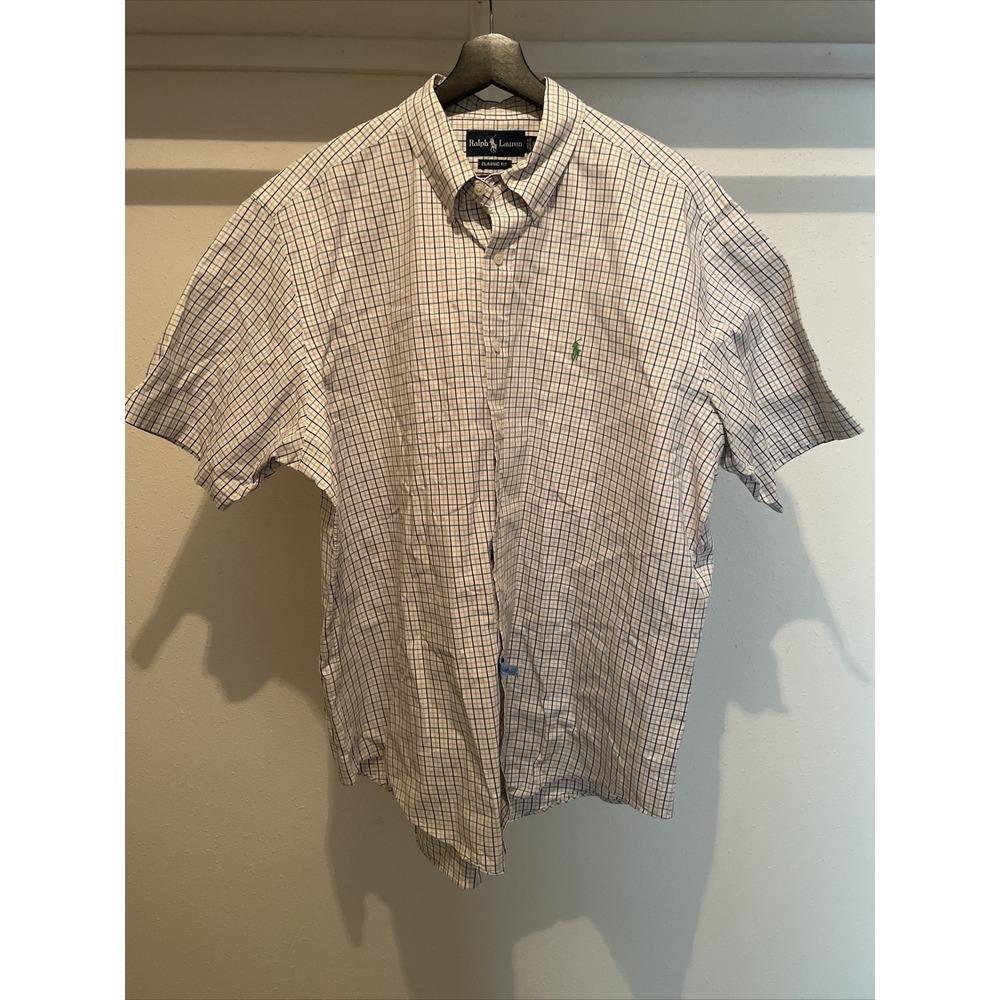 Ralph Lauren Classic Fit‎ Mens Size XL Short Sleeve Plaid Shirt Blue White